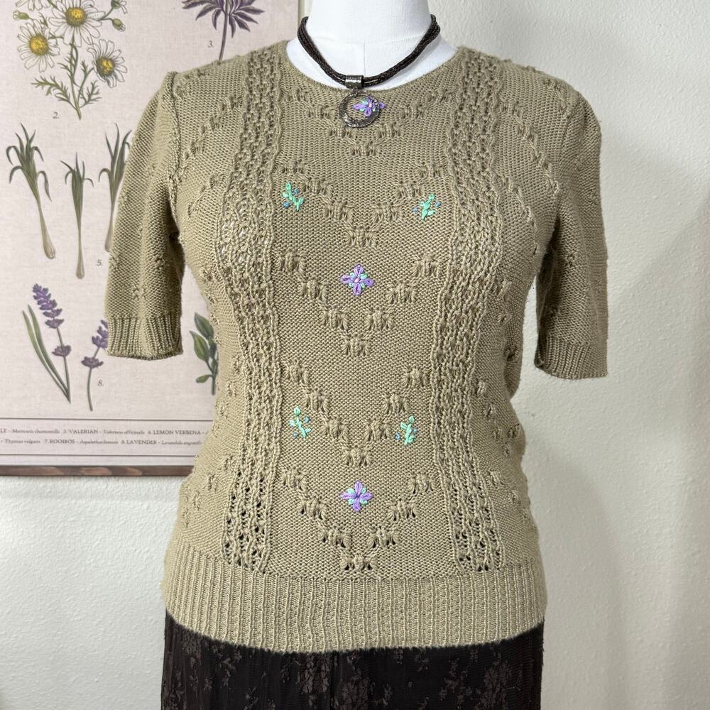Vintage 80s 90s Floral Embroidered Sweater Cottage Prairie Coastal Grandma S M